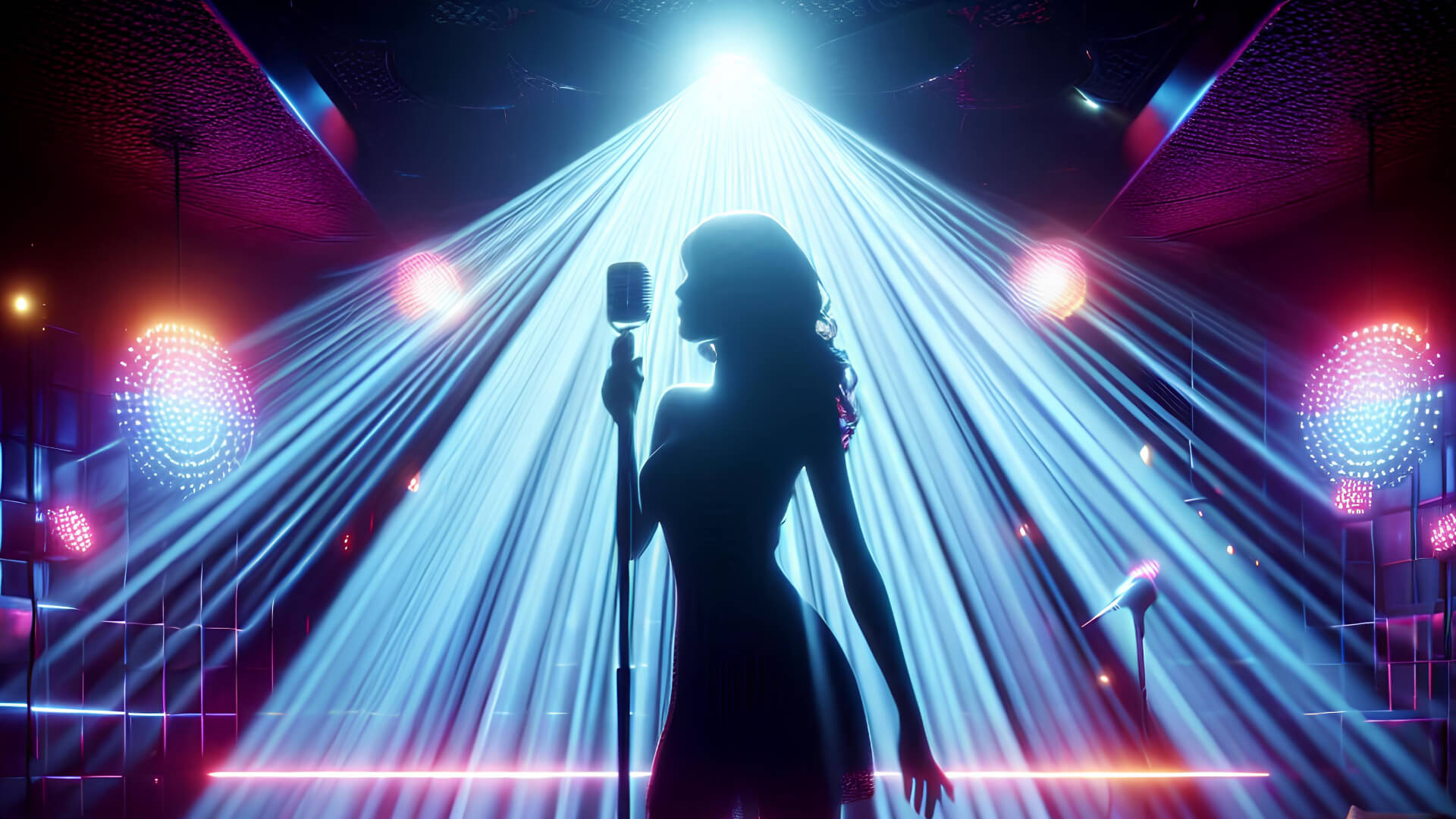 Una cantante en silueta bajo las luces del escenario principal