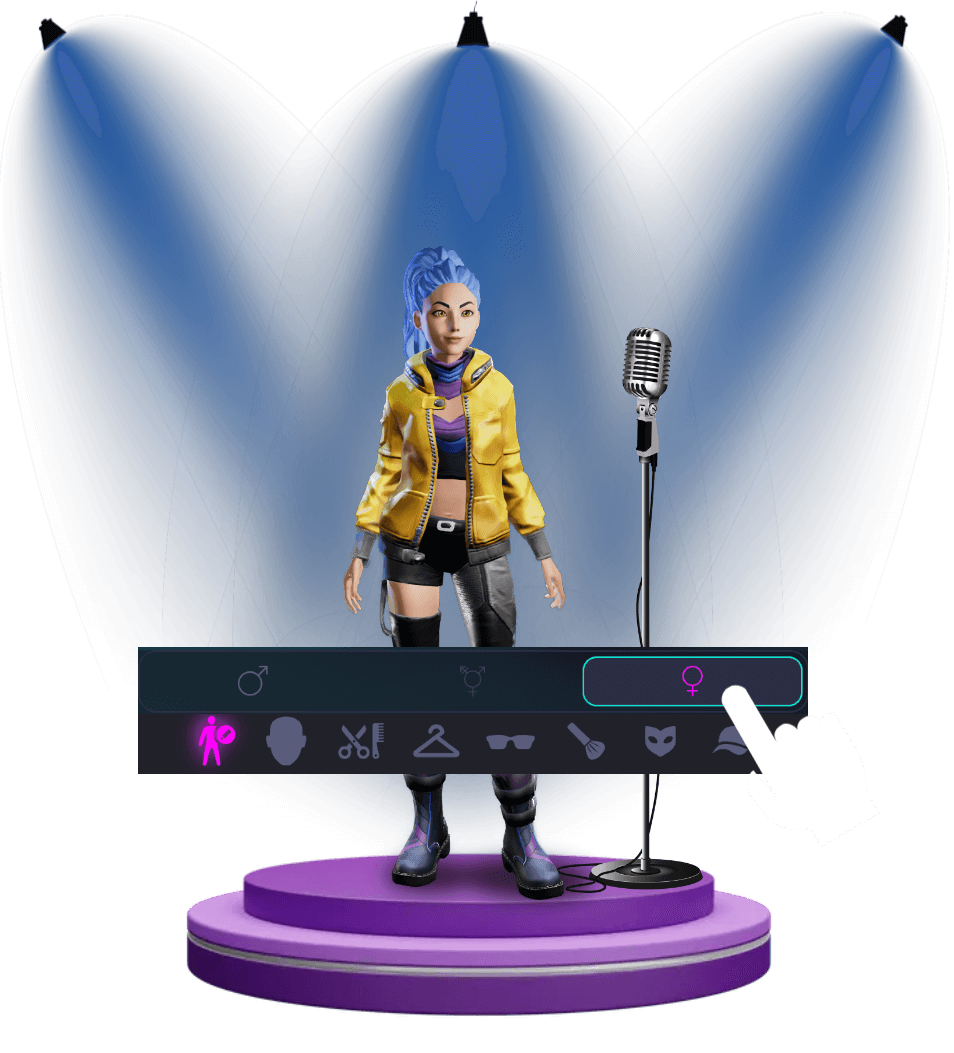 A SingSpace avatar on a lit stage with the character editor open